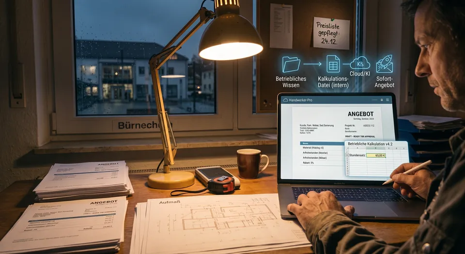 KI-Bild: Handwerker am Laptop, aus der eigenen Kalkulationsdatei entsteht das Angebot