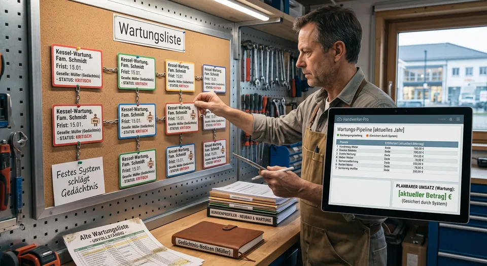 KI-Bild: Handwerker vor einer Wartungstafel in der Werkstatt, daneben die Wartungsübersicht auf dem Tablet